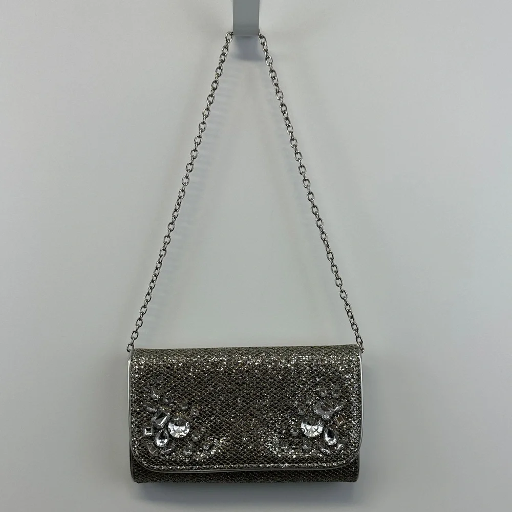 Gianni Bini Crystal Embellished Chain Clutch Silver Gold Rhinestone Evening Bag